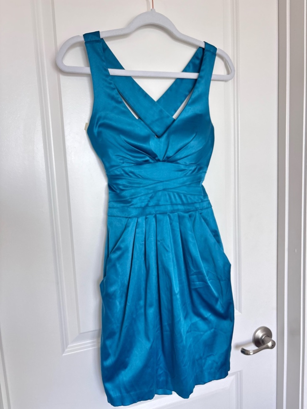 Teal Satin B Darlin Cocktail Dress Cross Back Pockets Formal Wedding Guest Small